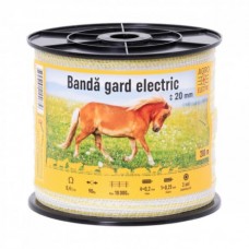 Bandă gard electric 20 mm, 200 m, rezistență la rupere 90 kg, rezistență electrică 0,4 Ω/m.